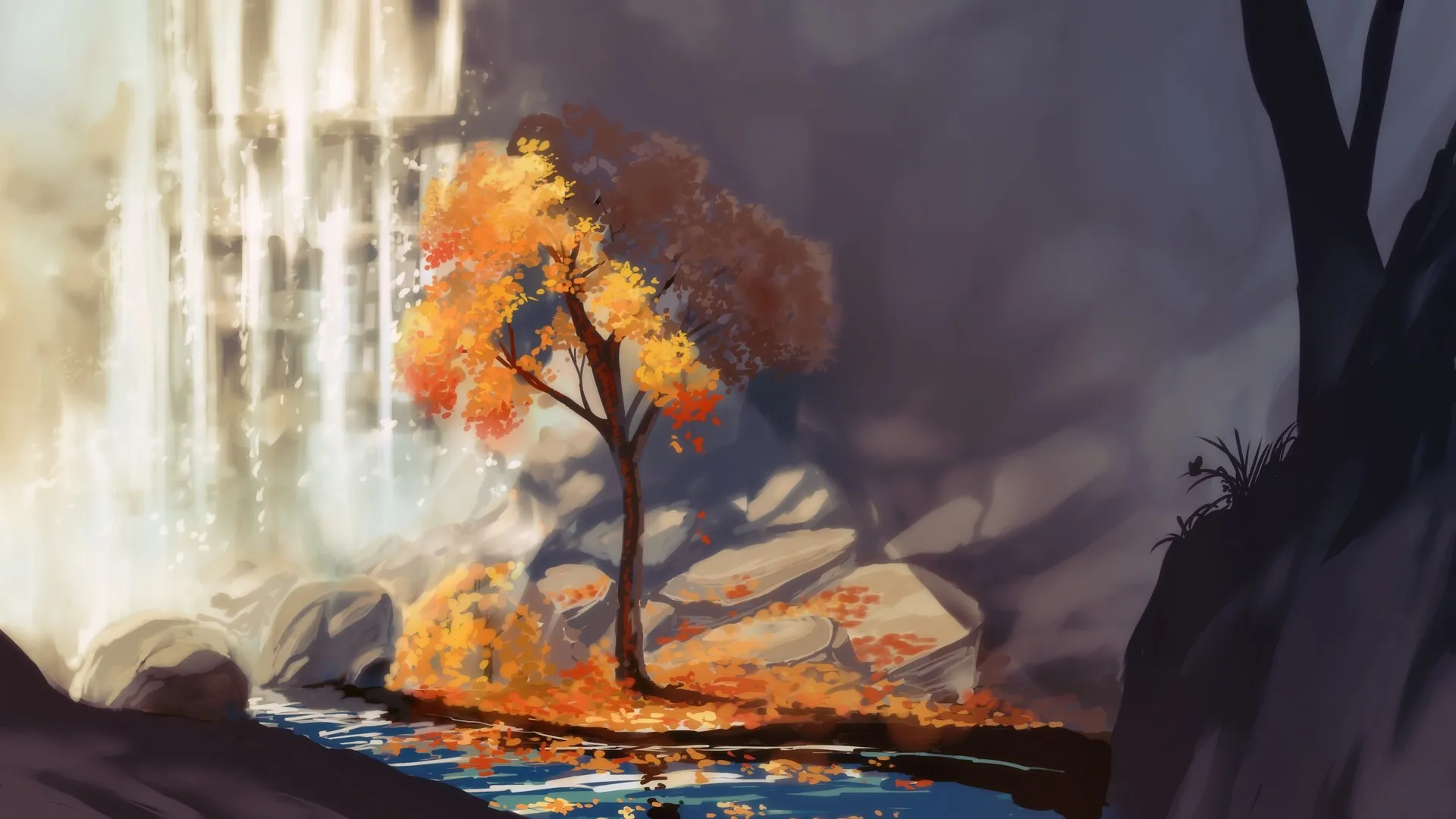 AI艺术 自然 树木 水 岩石 树叶 瀑布 黄色 