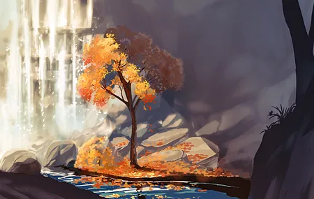 AI艺术 自然 树木 水 岩石 树叶 瀑布 黄色 