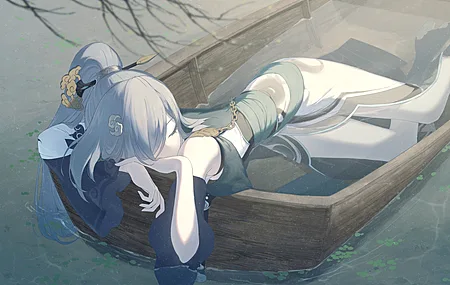 马尾辫 动漫女孩 中国服饰 船 