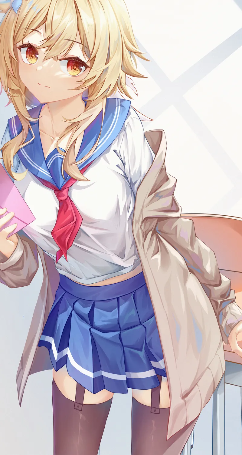 金发女郎 原神 动漫女孩 黄眼睛 校服 大腿高 4壁纸