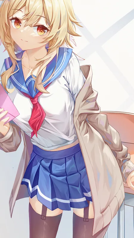 金发女郎 原神 动漫女孩 黄眼睛 校服 大腿高 4壁纸