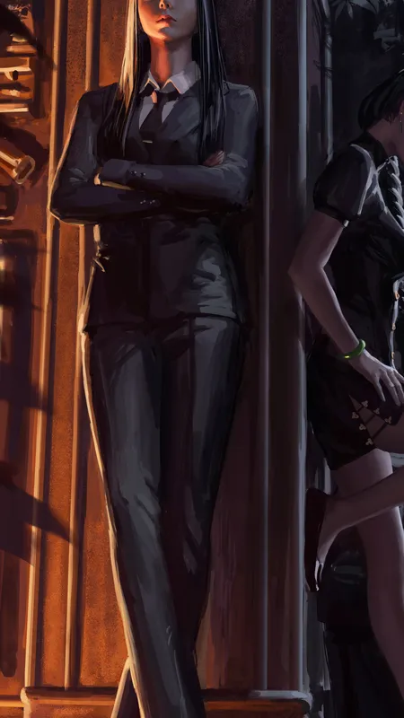 女人 交叉双腿 原创人物 西装 旗袍 黑发 黑色服装 概念艺术 素描 4壁纸