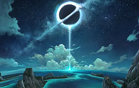 AI艺术 插图 自然 风景 夜 夜景 云 星星 黑洞 海滩 海 水 悬崖 房子 天空 