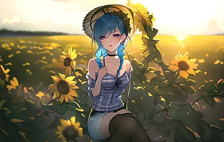 蓝头发 辫子 动漫女孩 动漫 AI艺术 米娅 人工智能艺术 鲜花 向日葵 紫色眼睛 项链 袜子