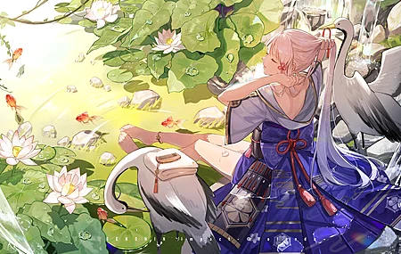 赤脚 原神 动漫女孩 服装 鹤 鸟 