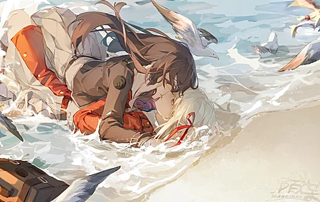 短发 金发 长发 女孩 魔域边缘 动漫 动漫女孩 石蒜 西木千里 井上田基纳 黑发 数码艺术 扇子艺术 尤里 水 接吻 鸟 