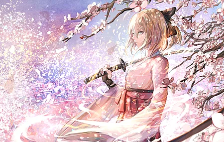 短发 金发 剑女 奇幻女孩 动漫 动漫女孩 武侠 服装 樱花 命运系列 冈田秀二 皮耶夫 剑 武器 奇幻艺术 