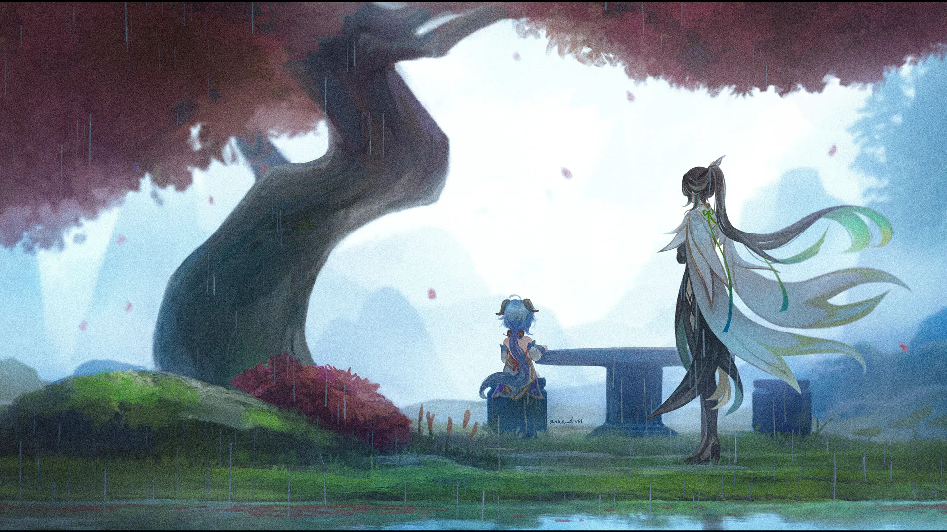 马尾辫 原神 动漫 动漫女孩 树 草 雨 