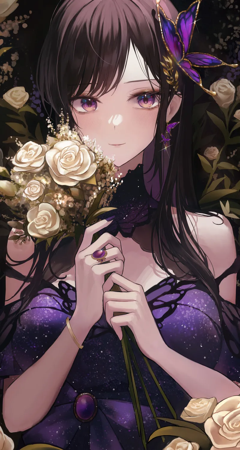 原创人物 肩膀 长发 微笑 闭嘴 动漫女孩 连衣裙 紫色衣服 腮红 紫色眼睛 耳环 黑发 发饰 花束 树叶 黑色背景 珠宝 无肩礼服 白色鲜花 戒指 紫色衣服 蝴蝶 鲜花 4壁纸