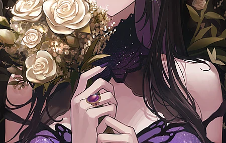 原创人物 肩膀 长发 微笑 闭嘴 动漫女孩 连衣裙 紫色衣服 腮红 紫色眼睛 耳环 黑发 发饰 花束 树叶 黑色背景 珠宝 无肩礼服 白色鲜花 戒指 紫色衣服 蝴蝶 鲜花 4壁纸