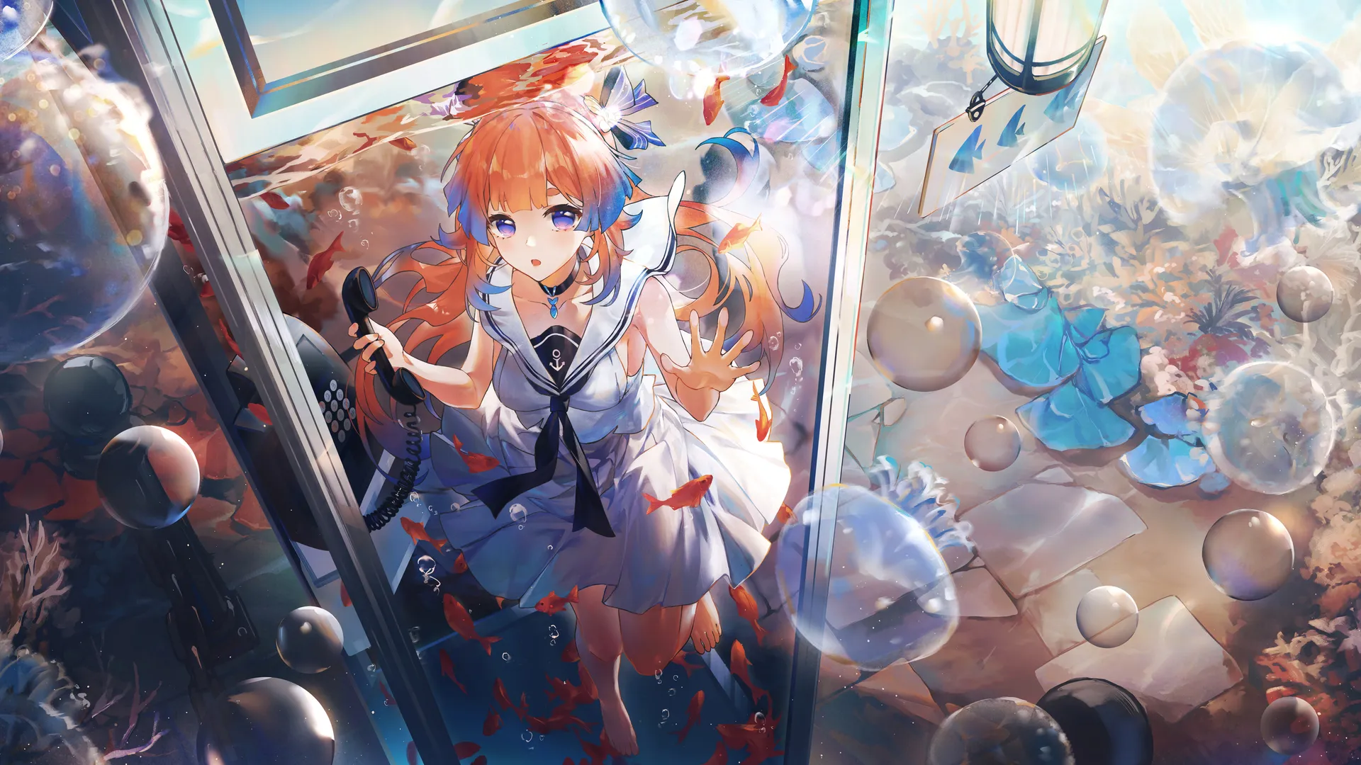 渐变头发 长发 脚 动漫 动漫女孩 原神 双色头发 水 气泡 鱼 动物 珊瑚 签名 水手制服 电话 