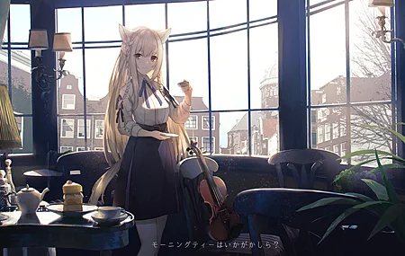 原创人物 猫女孩 长发 辫子 小 大腿 萨吉里 乌尔法 微笑 金发 动漫 动漫女孩 AI艺术 肖像 小提琴 茶 长裙 棕色眼睛 兽耳 室内 