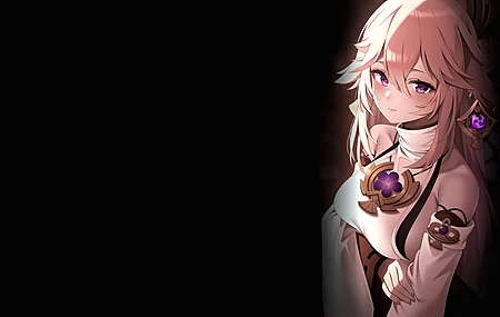 粉色头发 卷轴 原神 紫色眼睛 动漫女孩 动漫 简单背景 黑色背景 图片 