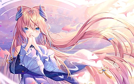 长发 蓝眼睛 动漫 动漫女孩 源流影响 鱼 云 