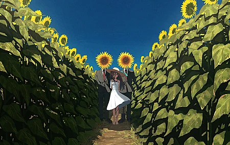 站着 长发 赤脚 动漫女孩 晴空 向日葵 夏天 连衣裙 草帽 天空 树叶 白色连衣裙 小路 太阳裙 