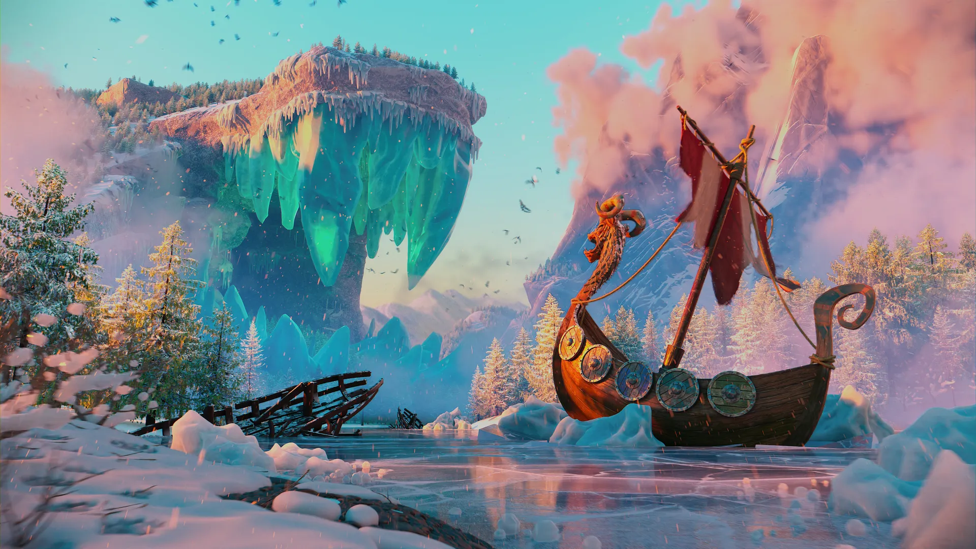 AI艺术 冬天 帆船 北欧海盗 冰冻的湖 霜冻 雪 湖 毒牙 烟 树 森林 奇幻艺术 洞穴 想象 水 船 冰 