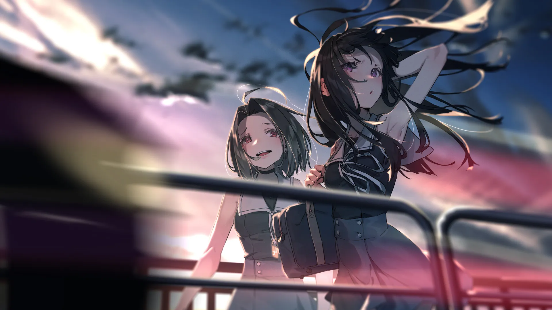 原创人物 女学生 罗拉·诺亚 长发 愤怒 动漫女孩 动漫 风 波克 天空 AI艺术 插图 素描 水手制服 紫色眼睛 