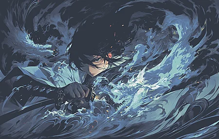 看观众 短发 剑 奇幻战士 水 动漫男孩 武器 龙 生物 皱眉 艺术 