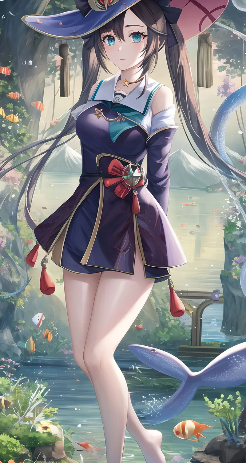 动漫 动漫女孩 原神 魔娜 双尾 黑发 数码艺术 人工智能艺术