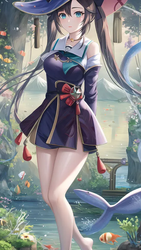 动漫 动漫女孩 原神 魔娜 双尾 黑发 数码艺术 人工智能艺术 