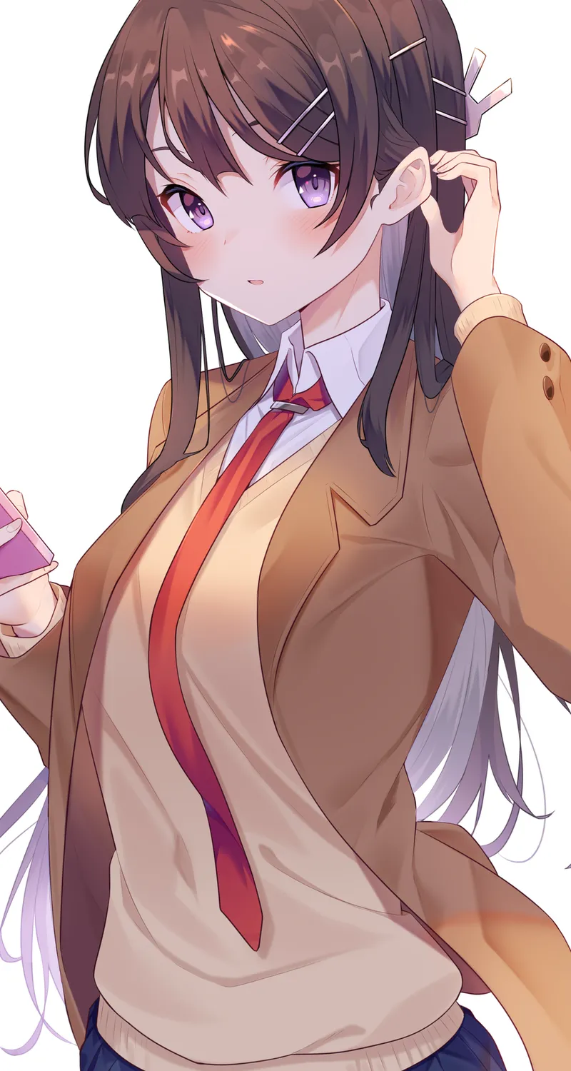 深色头发 站立 动漫 动漫女孩 AI艺术 兔女郎 樱岛美 紫色眼睛 校服 腮红 领带