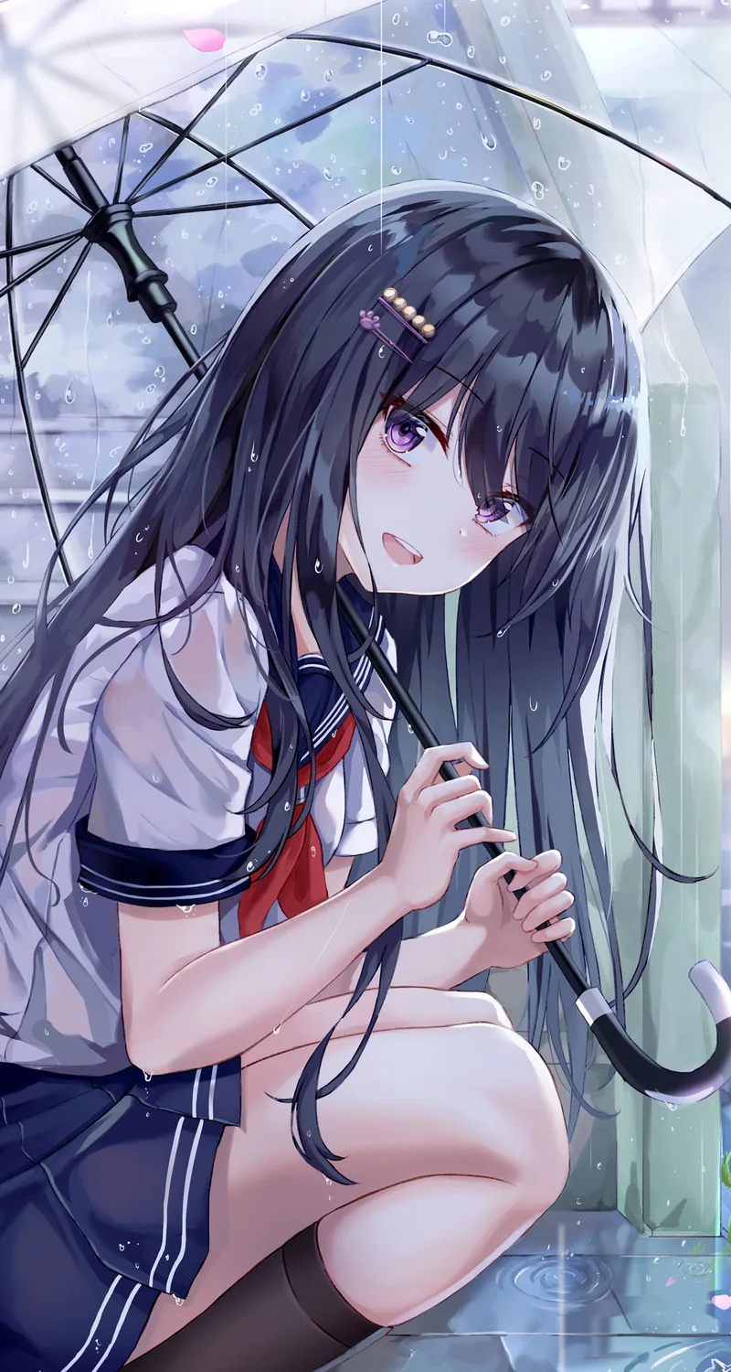 黑发 长发 动漫 动漫女孩 雨 雨伞 校服 紫色眼睛 