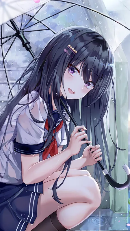 黑发 长发 动漫 动漫女孩 雨 雨伞 校服 紫色眼睛 