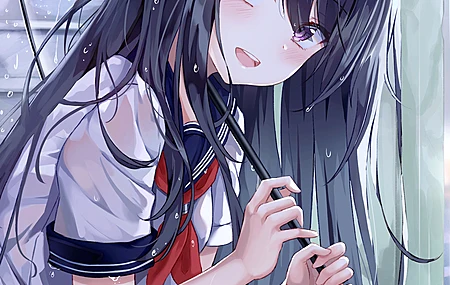 黑发 长发 动漫 动漫女孩 雨 雨伞 校服 紫色眼睛 