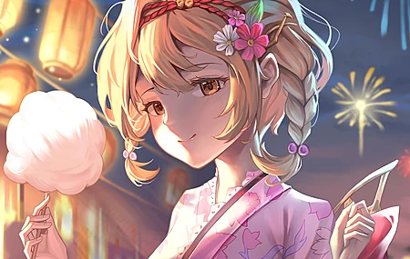 金发 动漫 动漫女孩 黄眼睛 烟花 棉花糖 糖果 灯笼 