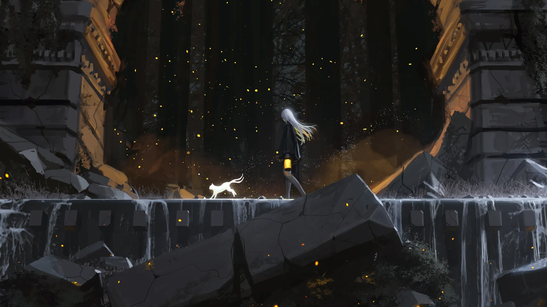 奇幻艺术 绘图 废墟  走路的女孩 概念艺术 猫