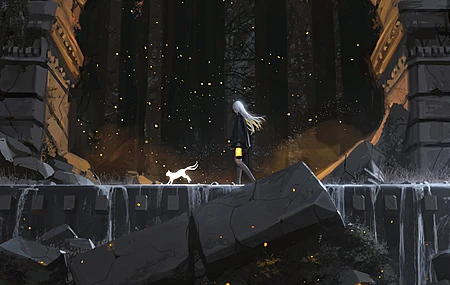 奇幻艺术 绘图 废墟  走路的女孩 概念艺术 猫