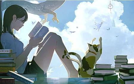 猫 天空 书 眼镜 动漫女孩 动物 