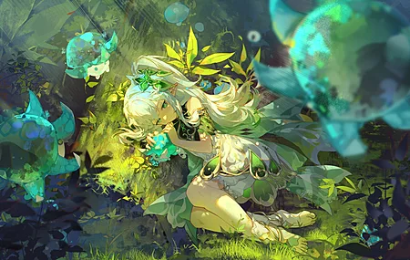 白色头发 绿色眼睛 精灵女孩 白色连衣裙 