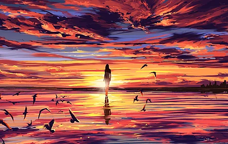 女人 芳贝 AI艺术 风景 日落 