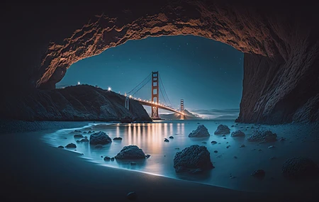  金门大桥 洞穴  泛着蓝光远处的桥 