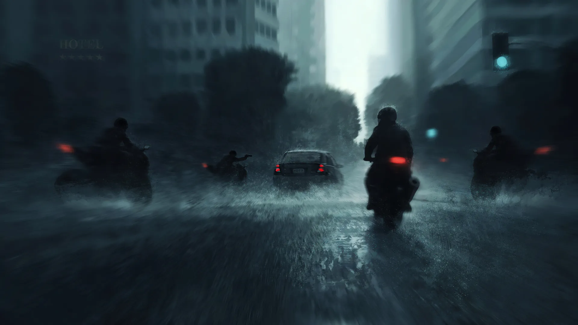 摩托车 汽车  运动模糊 AI艺术 雨中的摩托车