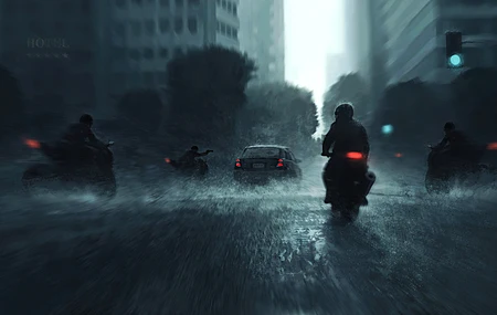 摩托车 汽车  运动模糊 AI艺术 雨中的摩托车