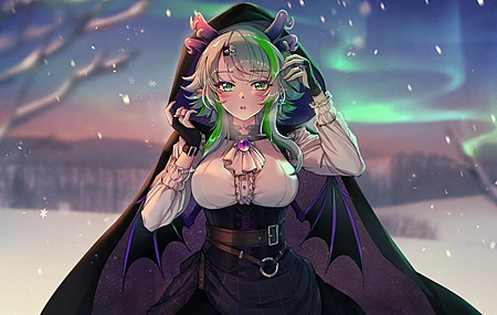  动漫女孩 翅膀 虚拟 斗篷 角 雪 巫妖 