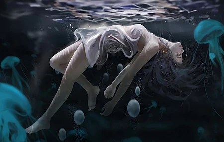AI艺术 水母 水下 水中 动漫女孩 