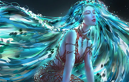 女人 幻想女孩 闭着眼睛  绿松石头发 