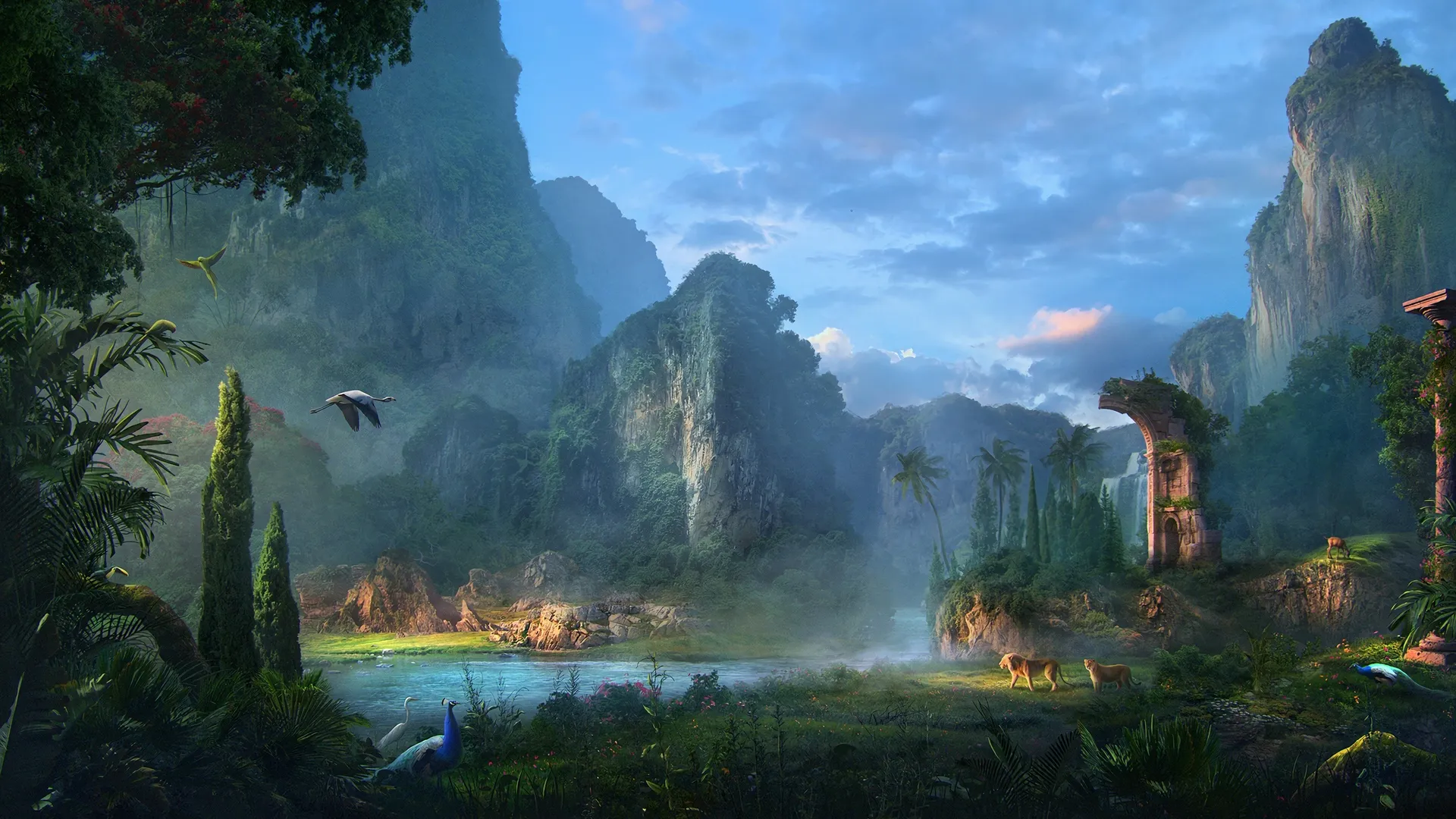  山脉 孔雀 植物 树木 岩石 森林 自然风景