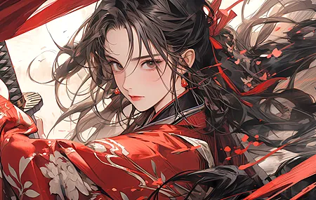 艺术 AI艺术 武士刀 红色衣服的女孩