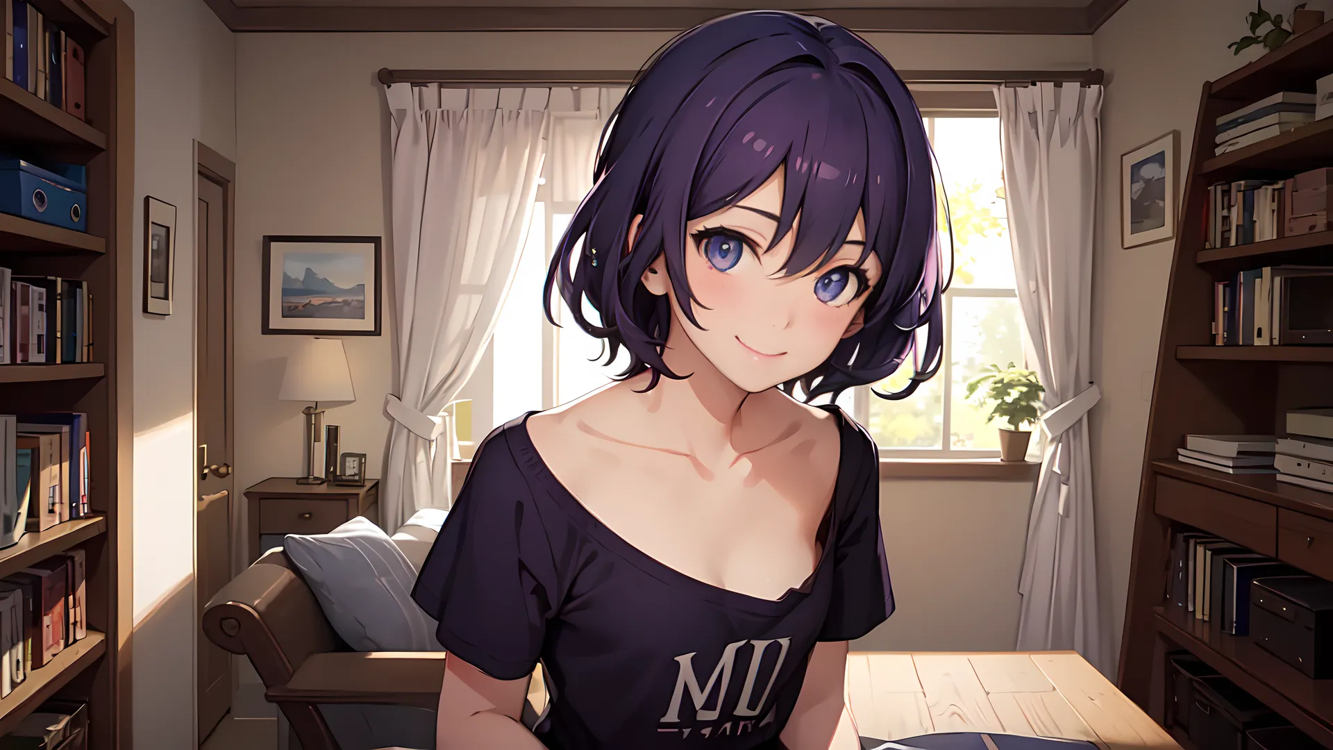 短发 微笑 艺术 动漫女孩 室内 书籍 书架 宽松的衣服 室内 