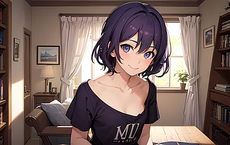 短发 微笑 艺术 动漫女孩 室内 书籍 书架 宽松的衣服 室内 