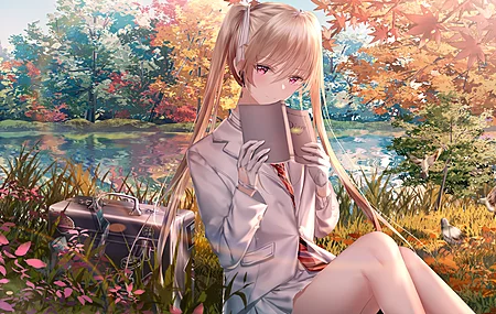 湖 树 秋天 双尾 紫色眼睛 校服 手中的书 