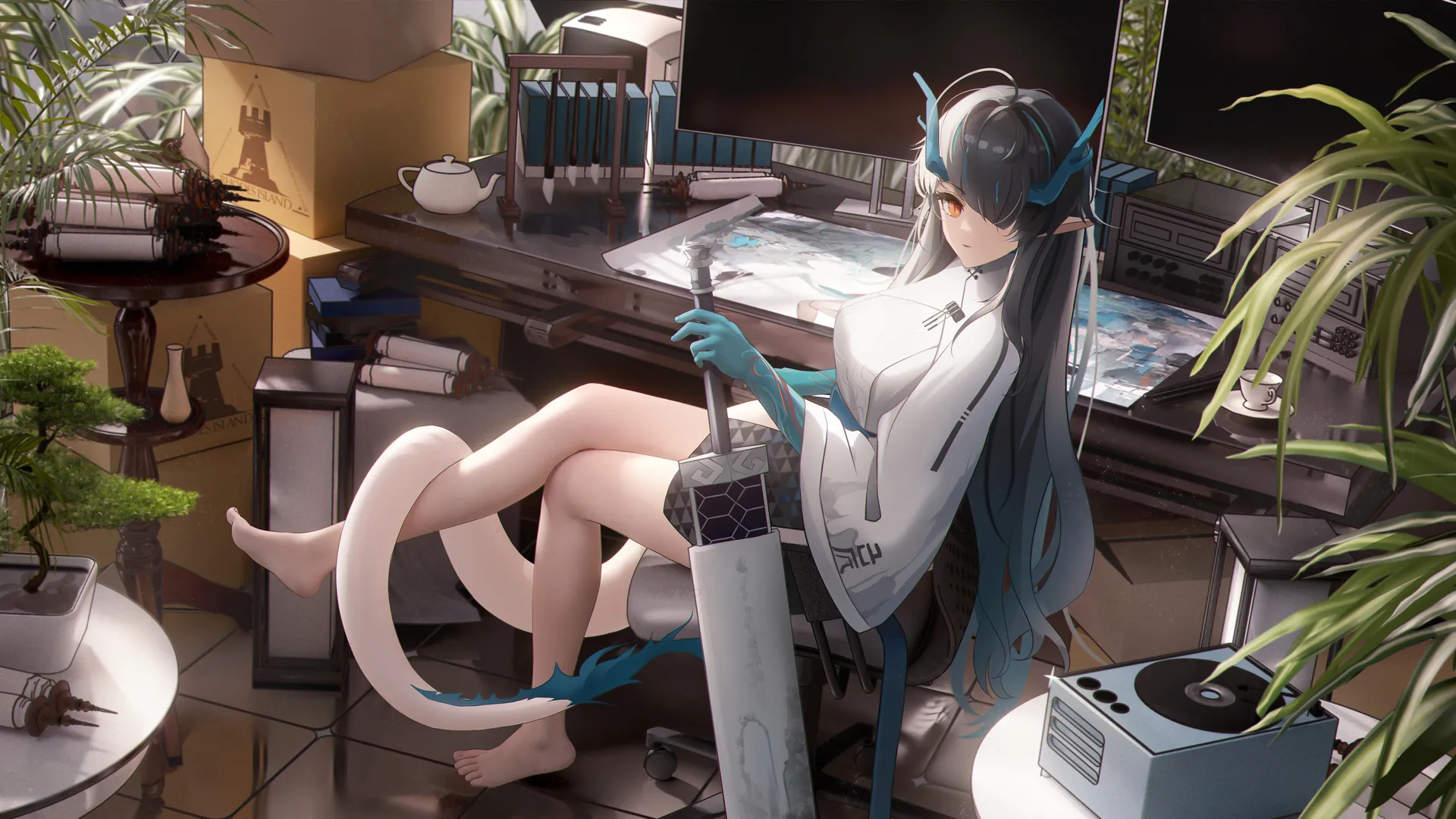 黄昏 武士 动漫女孩 龙女孩 兽耳 武器 角 