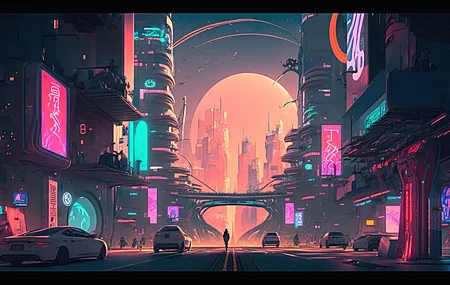 艺术 城市 日落 插图 街道 未来派 汽车 霓虹灯 城市灯光 