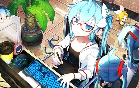 蓝眼睛 白夜梦 坐着 蓝头发 动漫 小提琴 