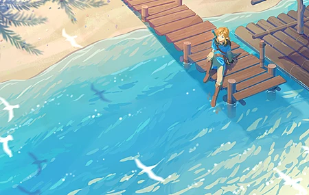  塞尔达传说的野生呼吸 海滩 水 鸟 码头 码头 高角度 棕榈树 游戏CG