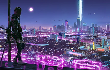 剑 赛博朋克 霓虹灯 城市 夜晚 未来主义